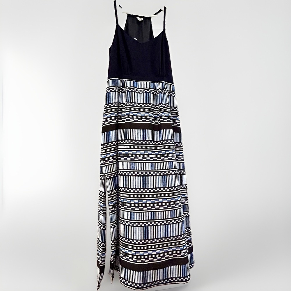 J Crew Blue Geometric Maxi Dress Sz 10 Sleeveless Slit Summer Vacation Coastal
